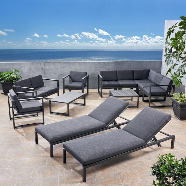 Noble House Navan Black 12-Piece Aluminum with Mesh Patio Conversation Sectional Seating Set with Dark Grey Cushions