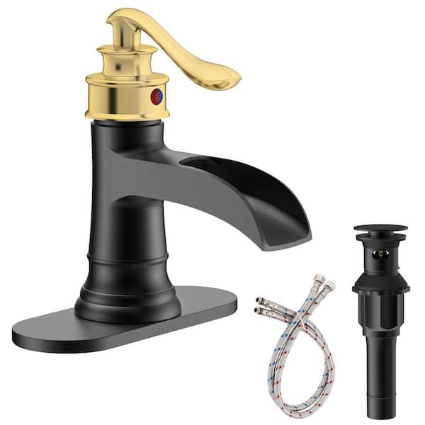 Waterfall Single Hole Single Handle Low-Arc Bathroom Faucet with Pop-Up Drain Assembly in Matte Black