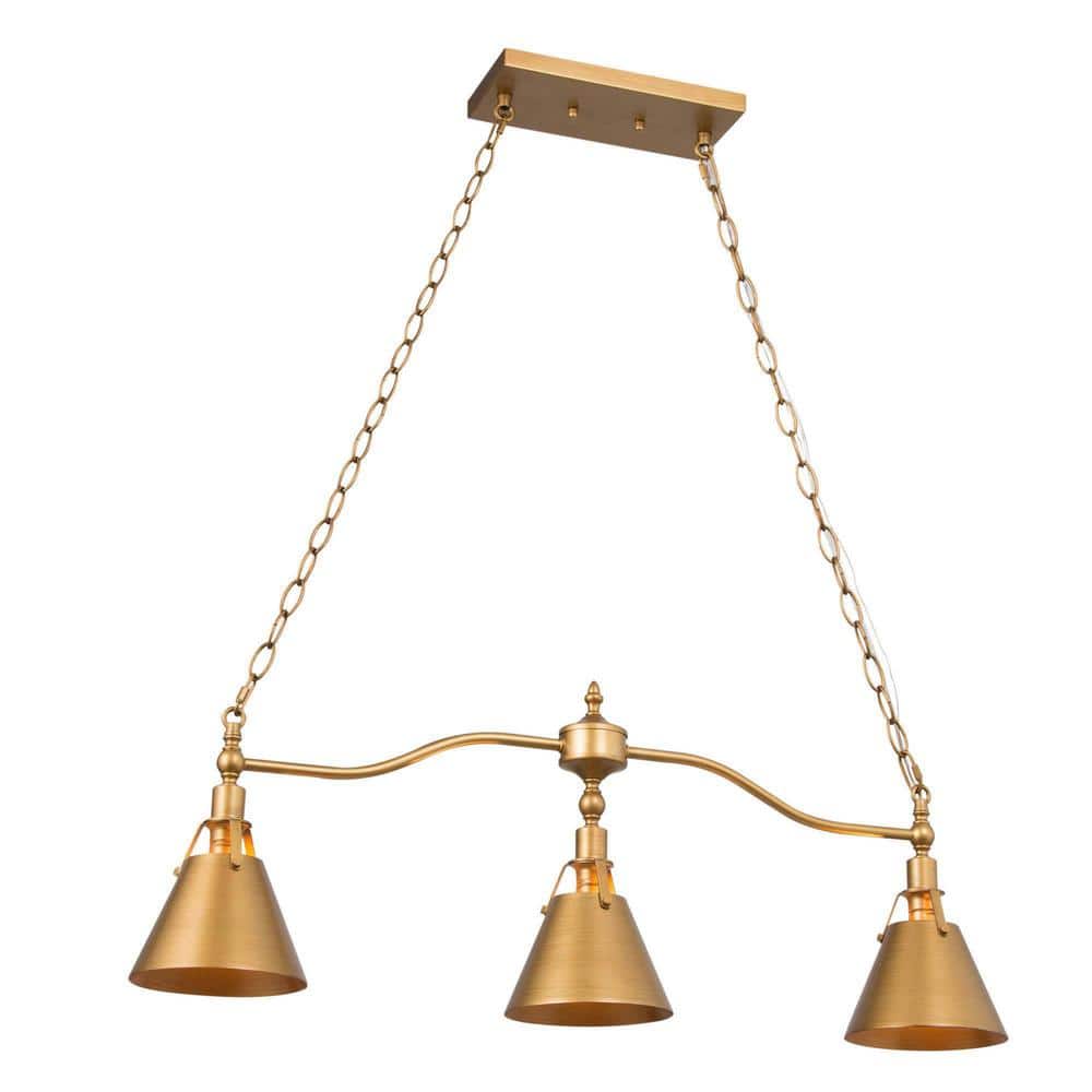3-Light Brushed Gold Island Chandelier with Bell Lampshade Perfect for Mord