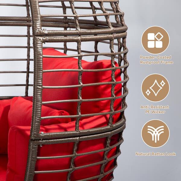 Wicker Outdoor Lounge Chair with Red Cushiona and Ottoman