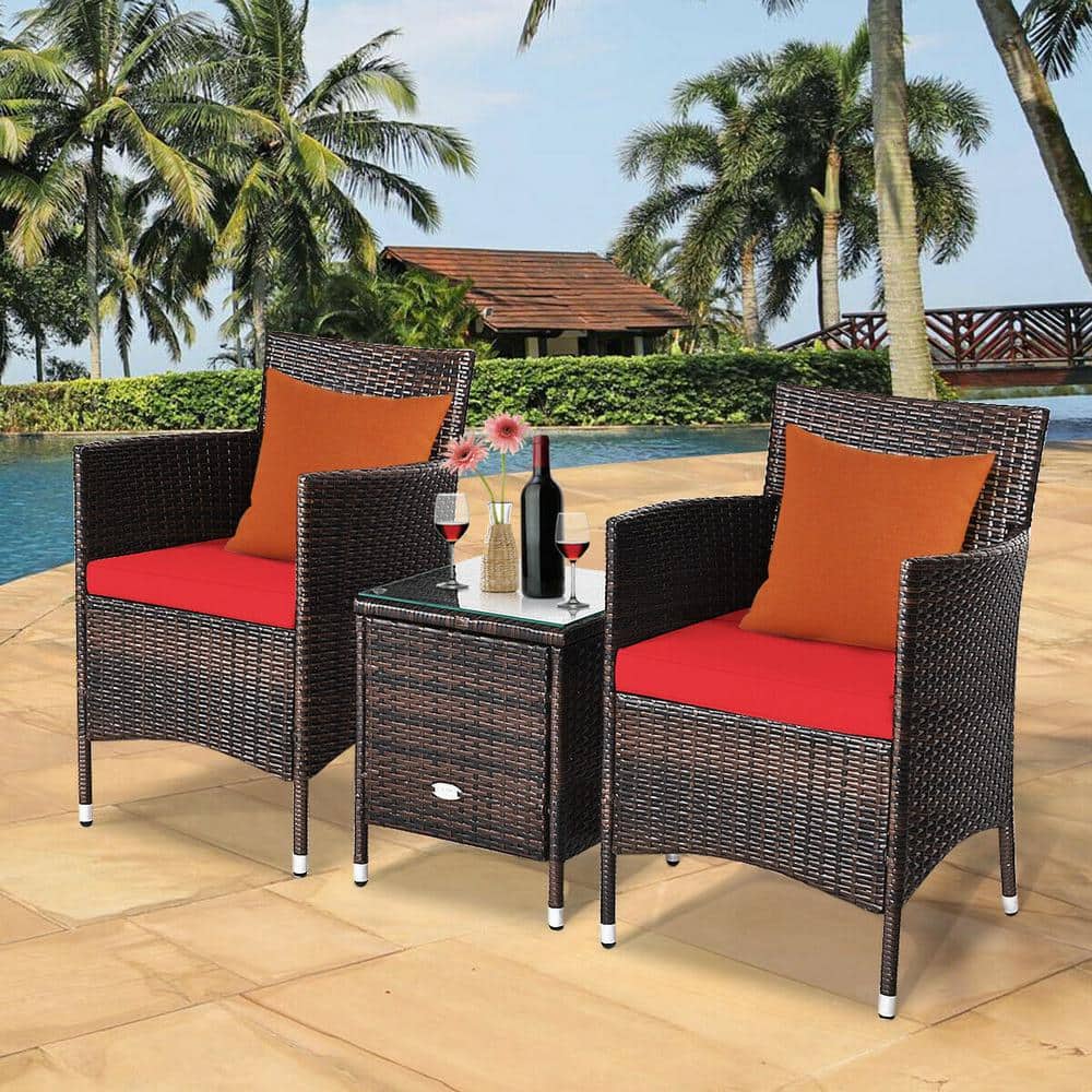 3-Piece Wicker Rattan Patio Conversation Set with Red Cushions