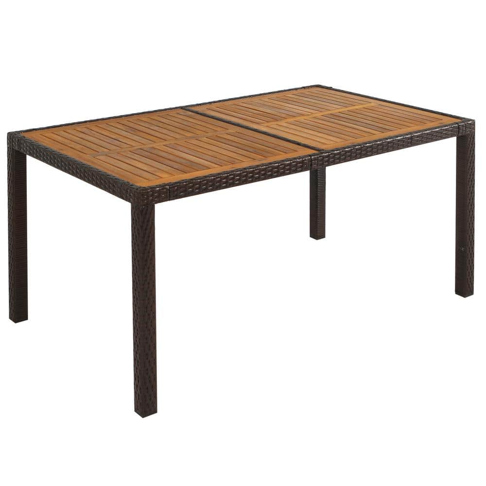 Brown 7-Piece Wicker Patio Dining Set with Beige Cushions and Acacia Wood Table