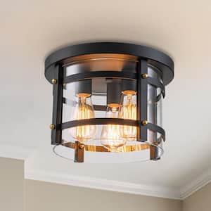 12 in. 3-Light Black Flush Mount with Gold Accent and Clear Glass Shade, No Bulbs Included