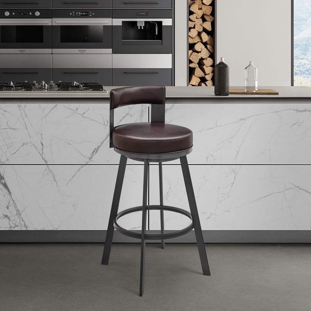 Flynn 30 in. Brown Low Back Metal Bar Stool with Faux Leather Seat