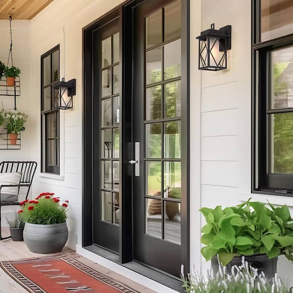 Farmhouse Black Outdoor Wall Sconce, Vistia 1-Light Modern Cage Outdoor Wall Lantern Sconce with Frosted Glass Shade