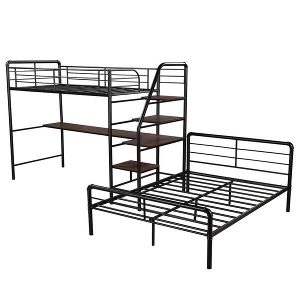Harper Bright Designs Black Twin Over Full Loft Bed With Desk And Separate Platform Bed Qhs014aab