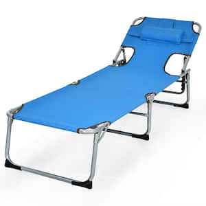 1-Piece Metal Outdoor Folding Chaise Lounge with Headrest in Blue