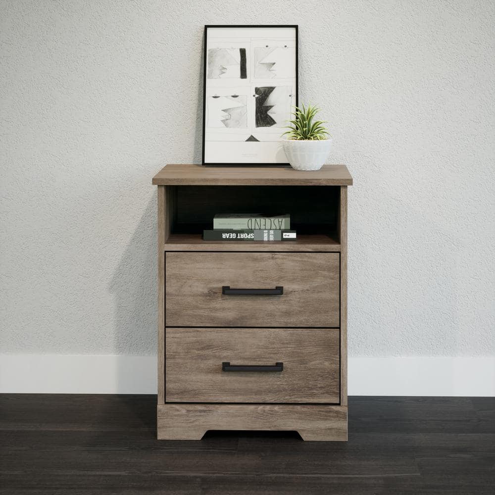 Rustic Brown Pine Wood 2-Drawer Nightstand with Open Shelf