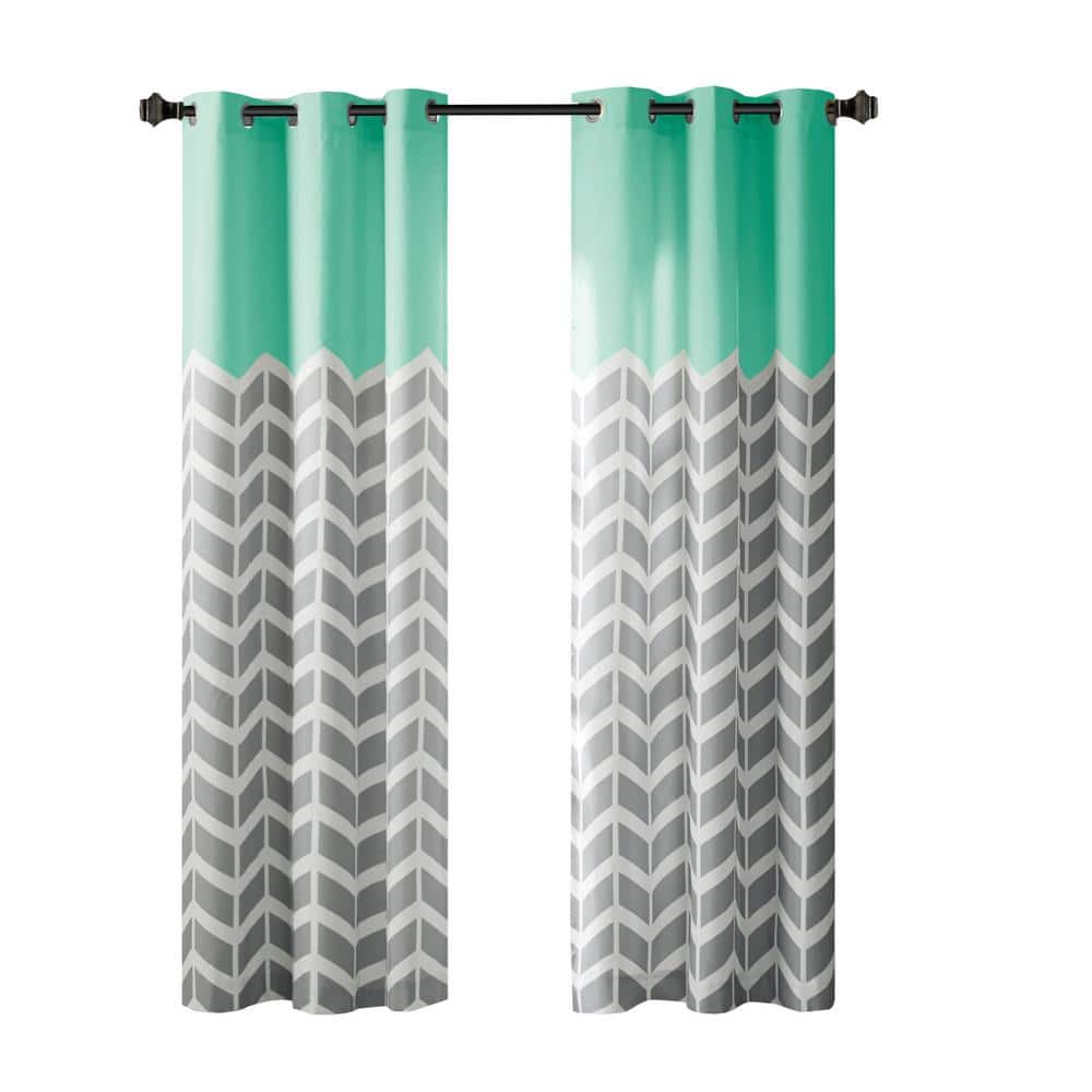Aqua and Gray Chevron Room-Darkening Grommet Curtain Panel Pair