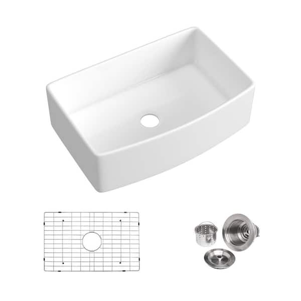 CAPRIHOME BATH LLC Fireclay 30 in. Single Bowl Farmhouse Apron Front Curved Kitchen Sink with Sink Grid and Basket Strainer