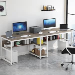 Moronia 78.74 in. Rectangular Gray and White Wood and Metal Computer Desk 2-Person Desk with Storage Shelf for Office