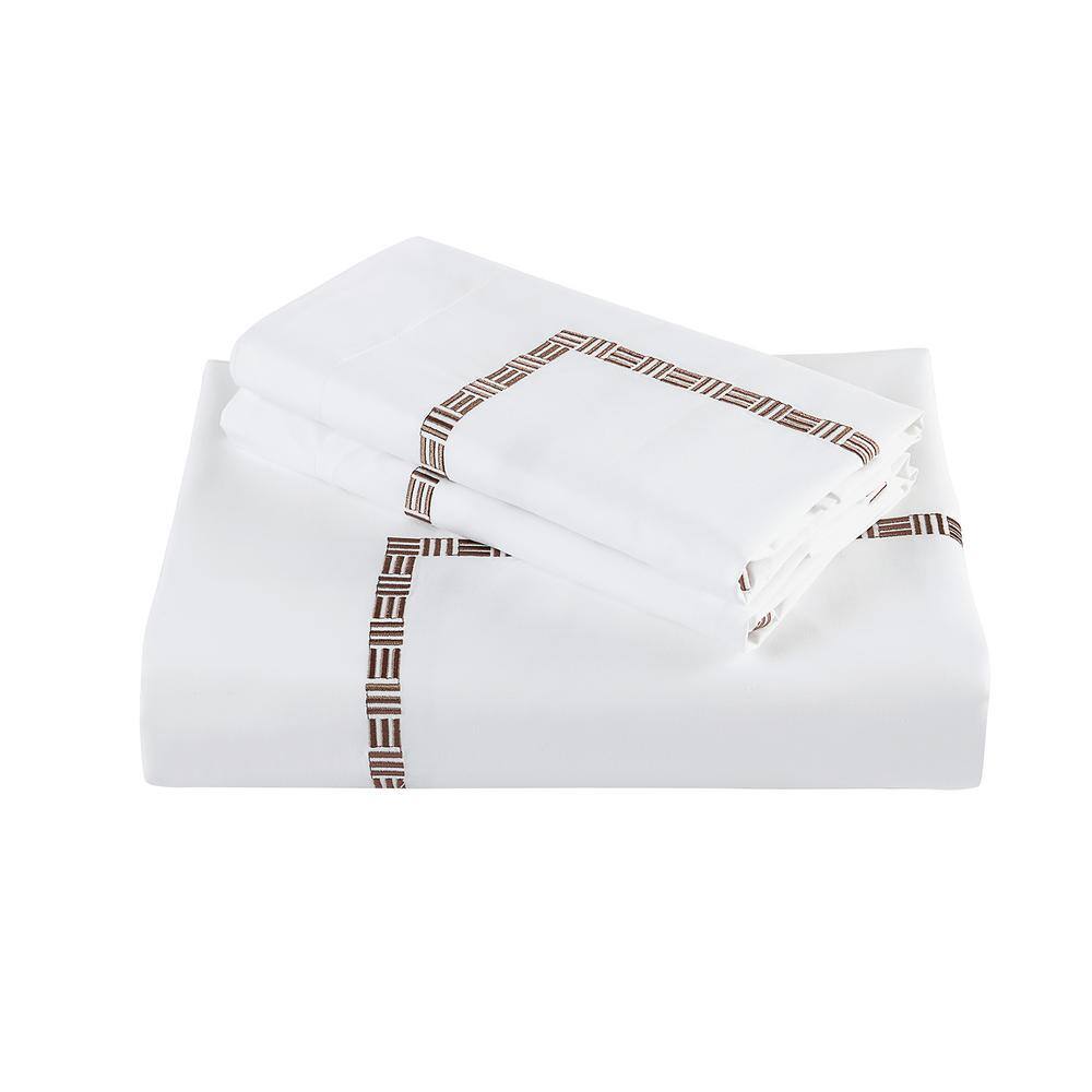 Queen White and Taupe Cotton Embroidered Sheet Set