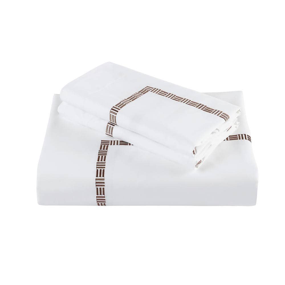 Queen White and Taupe Cotton Embroidered Sheet Set