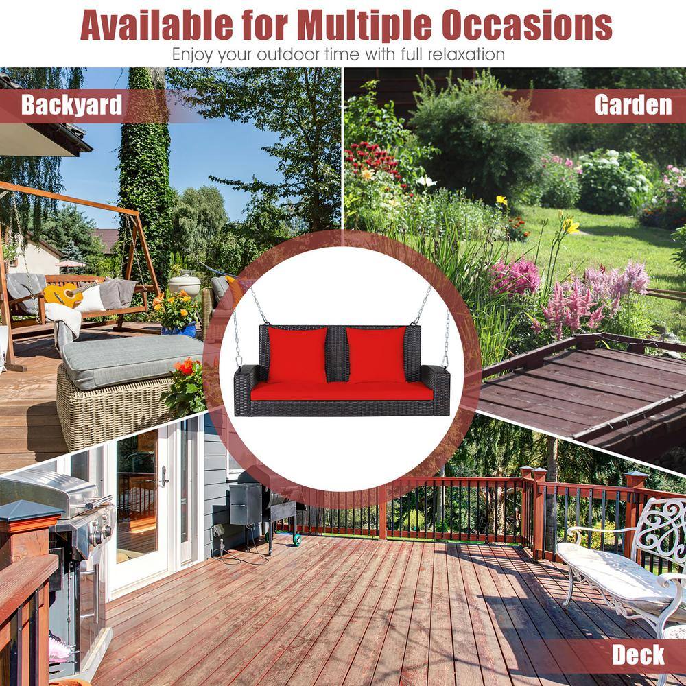 Red 2-Person Rattan Porch Swing with Cushions