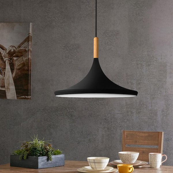 YANSUN 1-Light Industrial Farmhouse Matte Black Hanging Kitchen Island Pendant Light with Metal Shade