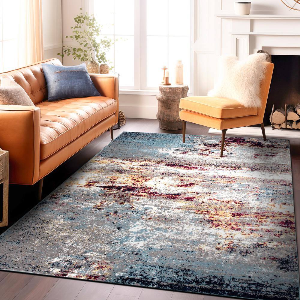 Distressed Abstract Watercolor Multi-Color Area Rug 7'10" x 10'