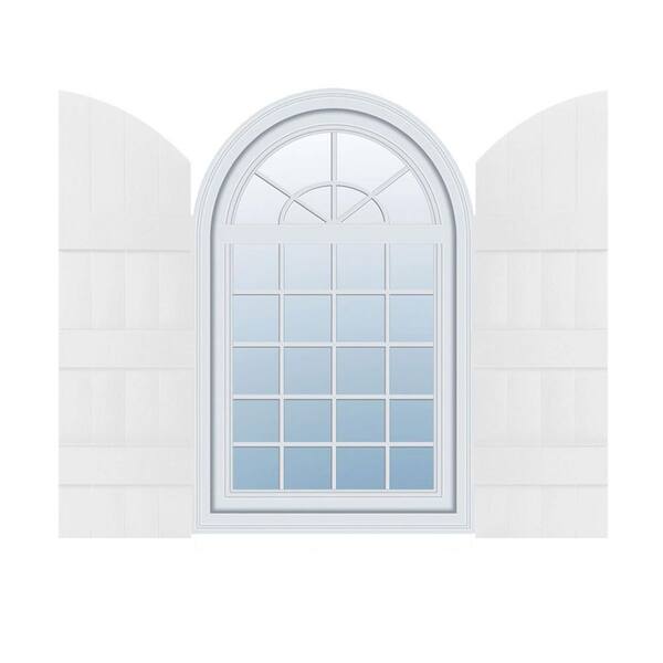 Builders Edge 14 in. W x 73 in. H Vinyl Exterior Arch Top Joined Board and Batten Shutters Pair in Bright White