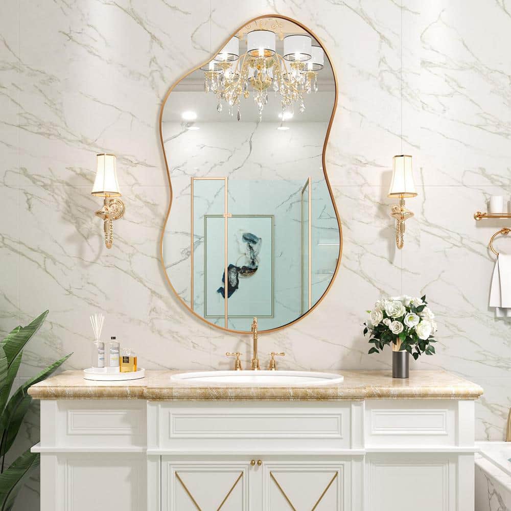 Large Gold Asymmetrical Decorative Wall Mirror with Metal Frame