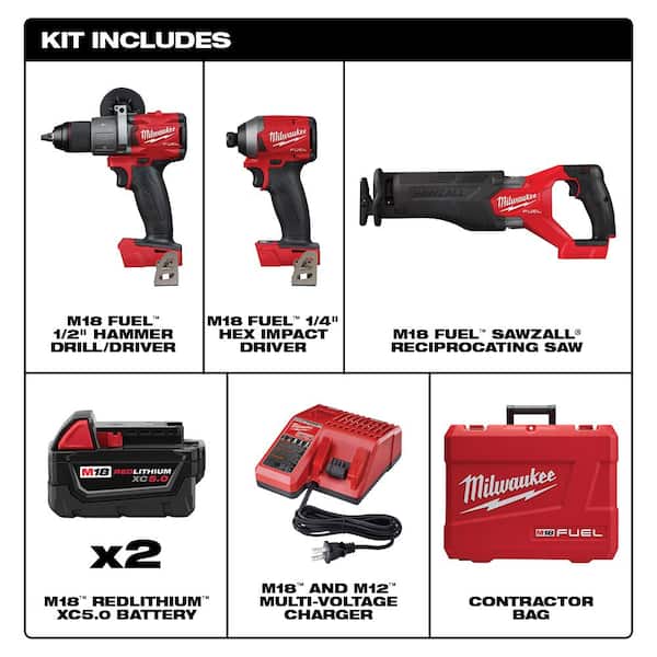 M18 FUEL 18V Lithium-Ion Brushless Cordless Combo Kit with Two 5 Ah  Batteries, Charger and Tool Bag (3-Tool)