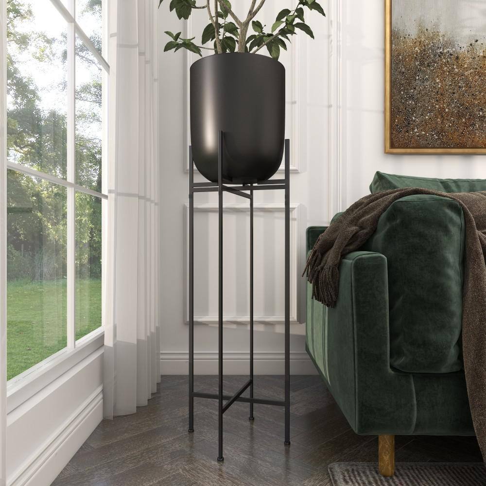 Modern Capsule-Shaped Black Iron Floor Planter with Stand