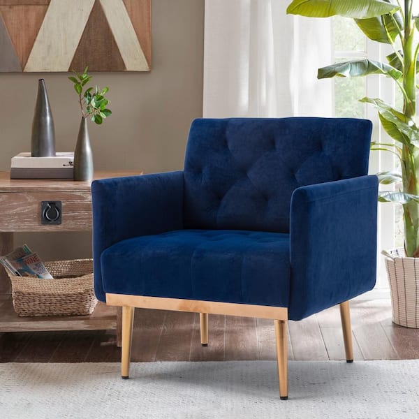 31 in. Modern Navy Blue Velvet Arm Chair with Rose Golden Metal Legs