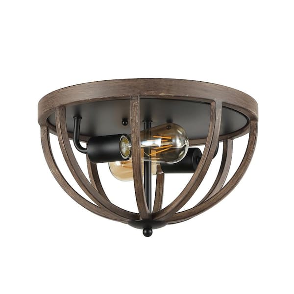 Darlene 13 in. 2-Light Iron Rustic Farmhouse LED Flush Mount, Brown