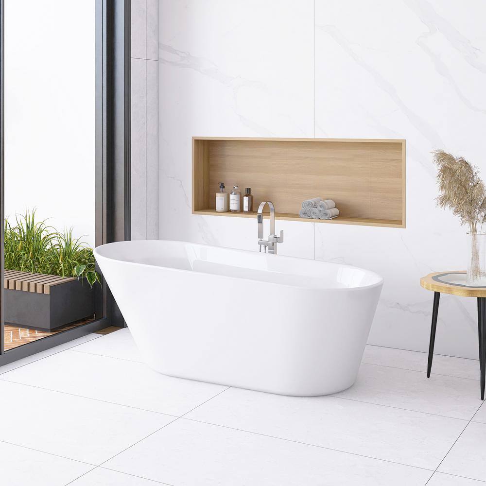 Glossy White Acrylic Freestanding Oval Soaking Bathtub
