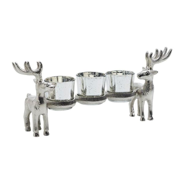 13 inch Metal Reindeer Christmas Votive Candle Holder with Mercury Glass Cups