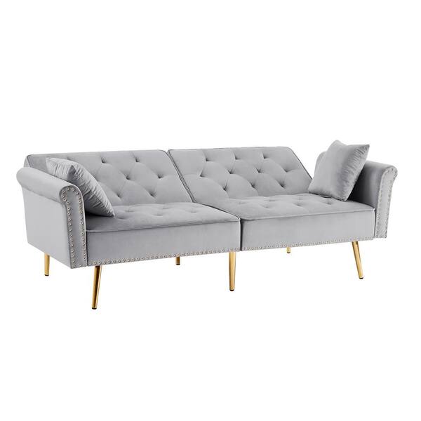 Clihome Pull-Out Sofa-Bed 60-in Modern Light Gray Velvet 3-seater