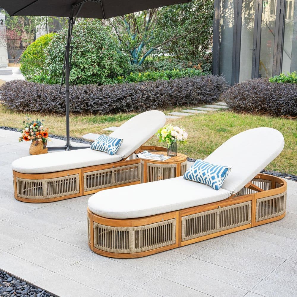 Town Natural 3-Piece Acacia Wood Outdoor Chaise Lounge Set with Beige Cushions and Side Table