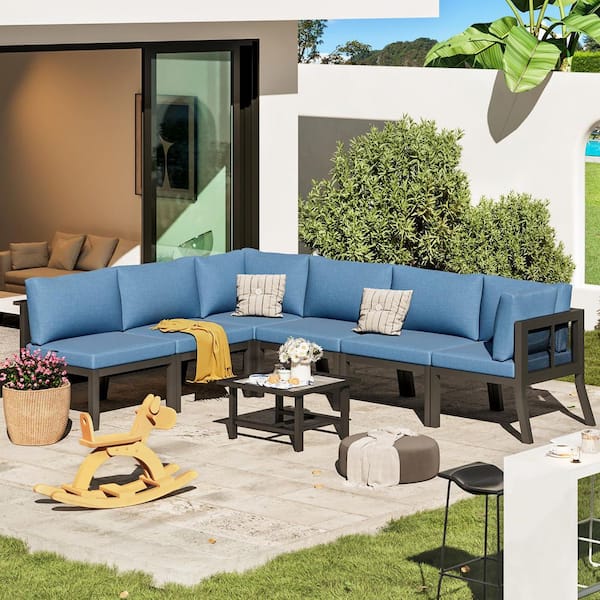 Sudzendf 7-Piece Wicker Outdoor Conversation Patio Furniture Set with Dark Blue Cushions