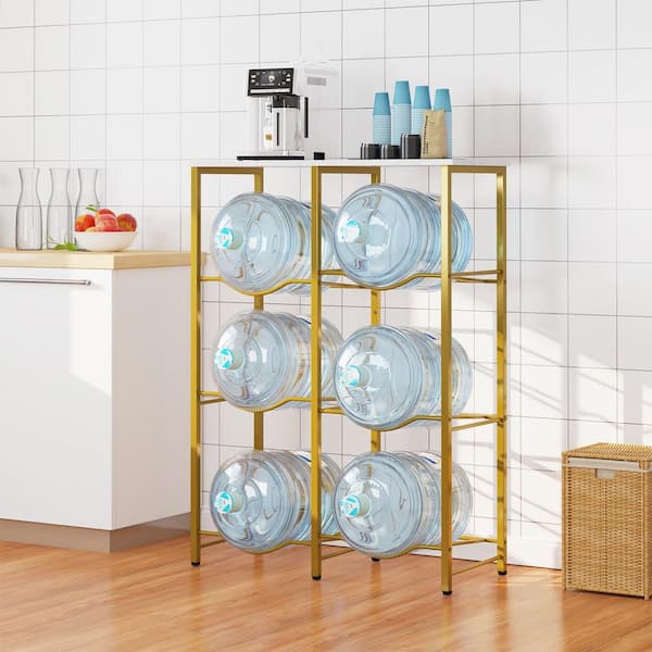 5 Gal. Water Jug Holder for 6 Bottles, 3-Tier Water Gallon Holder with Wood Storage Shelf, Heavy Duty, Gold
