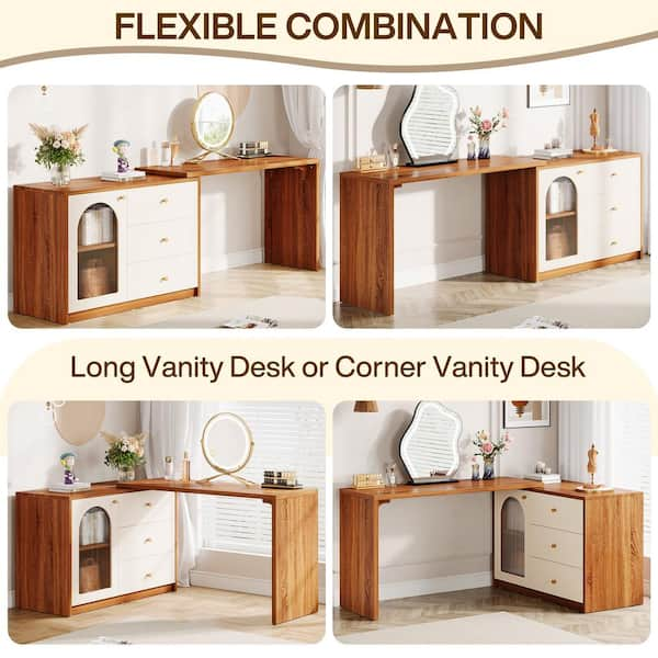 BYBLIGHT Retractable Walnut and White Makeup Vanity Table with 3 Drawers and Cabinet L Shaped Corner Dressing Table for Bedroom