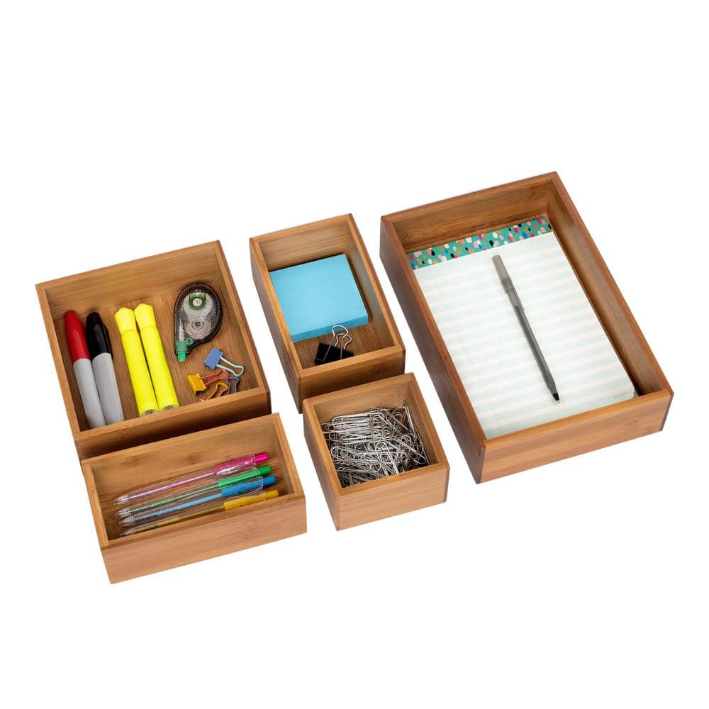 Bamboo Desk Organiser Tidy Stationery Box Holder With Drawer Home Office  Storage