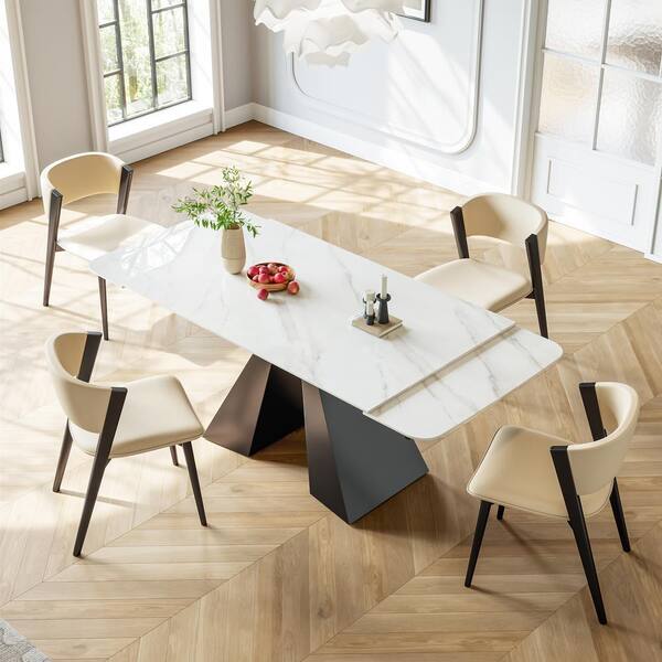Lesly Modern Rectangle White Snowy Mountain Stone Tabletop 90.55 in. Black carbon steel Double Pedestal Dining Table(10 Seats)