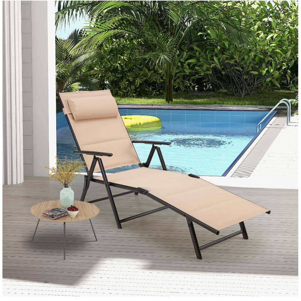 Zeus & Ruta 1-Piece Beige Metal Outdoor Chaise Lounge with 7-Position ...