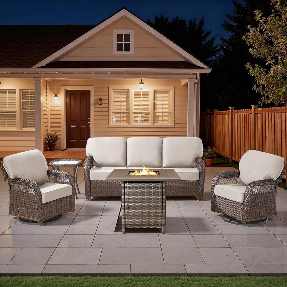 Tyber 5-Piece Brown Wicker Patio Conversation Sets Wicker Patio Fire Pit Table Sectional Seating Set with Beige Cushions price history on PriceWatchPro
