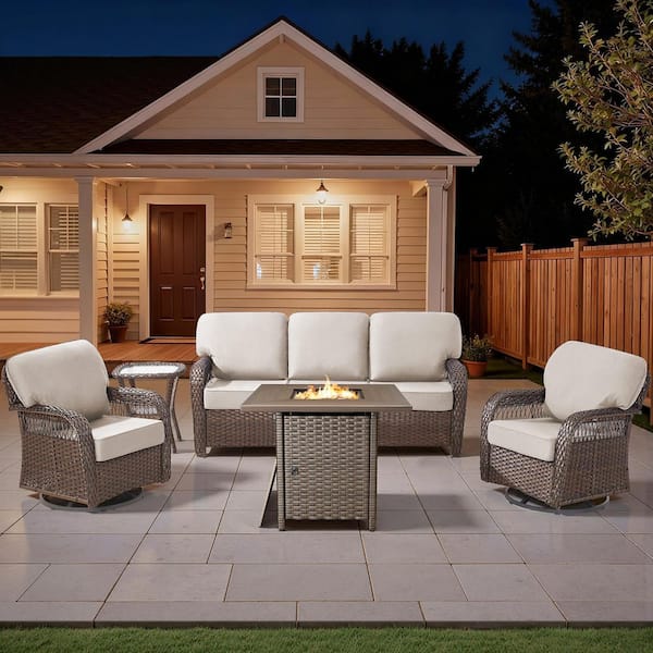 Tyber 5-Piece Brown Wicker Patio Conversation Sets Wicker Patio Fire Pit Table Sectional Seating Set with Beige Cushions