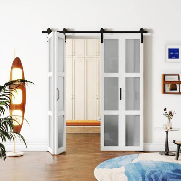 60 in. x 84 in. （30 in. 2 ）White, MDF, Frosted Glass, Bi-Fold Style, 3 Lite Glass Panel Barn Door Slab with Hardware Kit