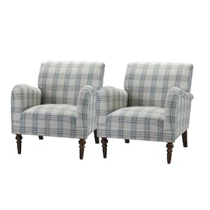 Mandan Blue Contemporary and Classic Upholstered Plaid Pattern Accent Armchair with Turned Solid Wood Legs Set of 2