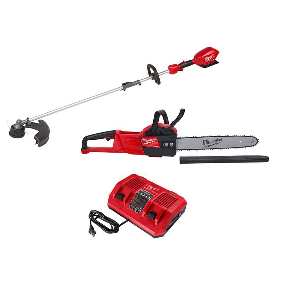 Milwaukee M18 FUEL 18V Lithium-Ion Brushless Cordless QUIK-LOK String Trimmer, Chainsaw and Rapid Charger Combo Kit (3-Tool) -  2825-2727-DUAL