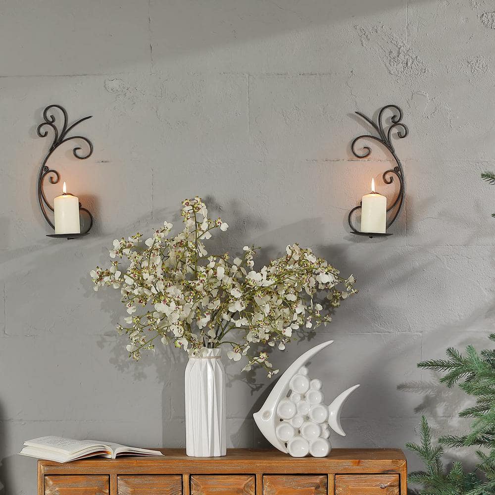 Set of 2 Rustic Bronze Metal Wall Candle Sconces