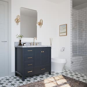 Cambridge 37 in. W x 22 in. D Vanity in Midnight Blue with Marble Vanity Top in Carrara White with White Basin