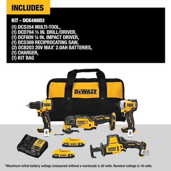 ATOMIC 20-Volt Lithium-Ion Cordless Brushless Combo Kit (4-Tool) with (2) 2.0Ah Batteries, Charger and Bag