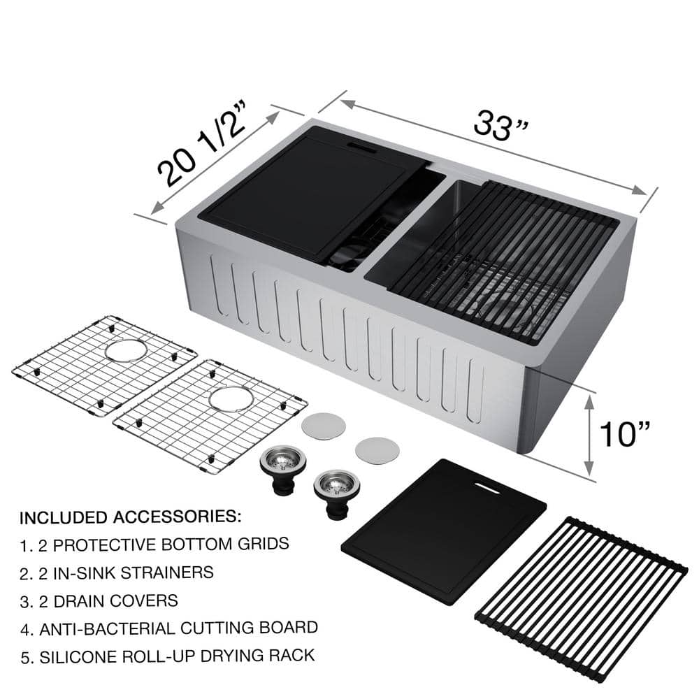 Oxford 33" Stainless Steel Double Bowl Farmhouse Kitchen Sink with Accessories