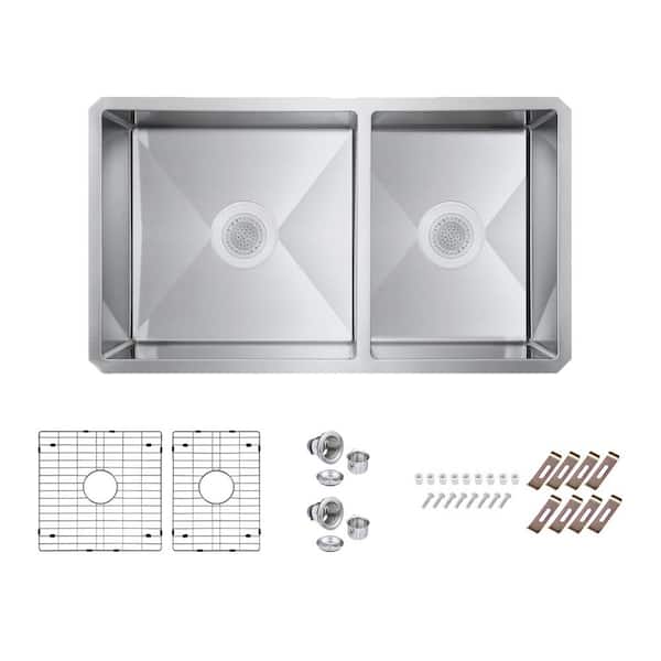 PELHAM & WHITE Bryn Stainless Steel 16- Gauge 30 in. Double Bowl Undermount Kitchen Sink with Bottom Grid and Drain