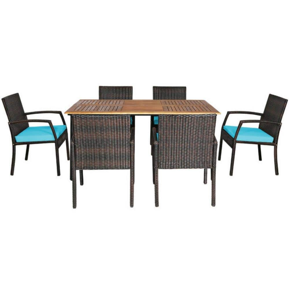 7-Piece Wicker Rectangle Table Outdoor Dining Set with Turquoise Cushions and Umbrella Hole price history on PriceWatchPro