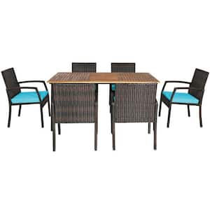 7-Piece Wicker Rectangle Table Outdoor Dining Set with Turquoise Cushions and Umbrella Hole