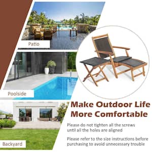 2-Piece Patio Rattan Folding Lounge Chair Table Acacia Wood with Retractable Footrest