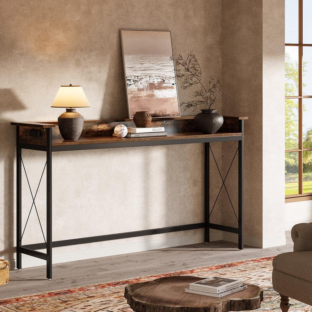 Brown Wood and Metal Console Table with Charging Ports, 70.9 inch